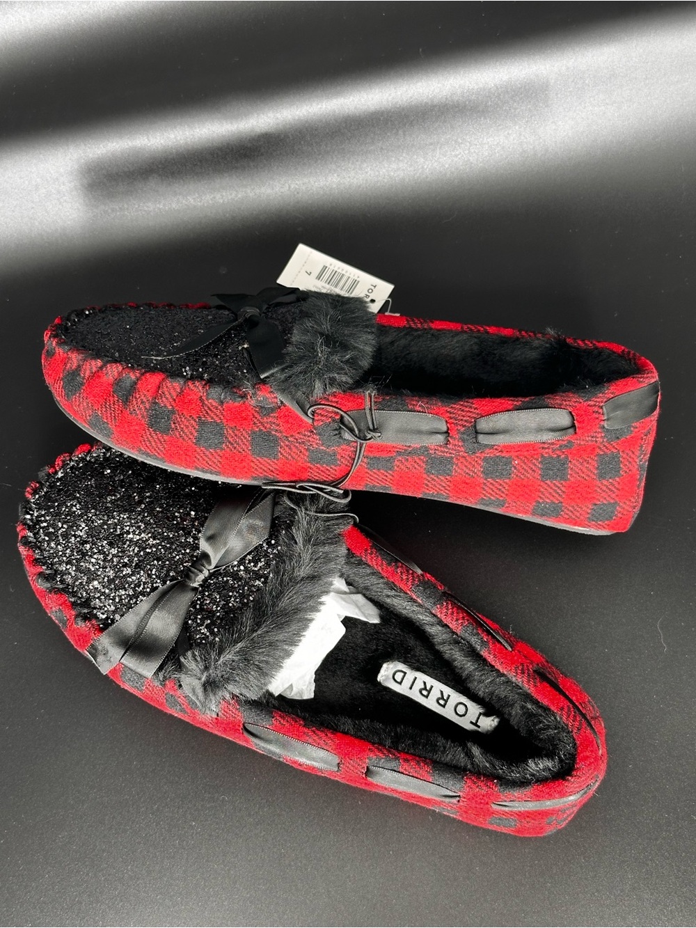 Torrid Buffalo Plaid Faux-Fur Slip-On Moccasins with Bow size 7WW